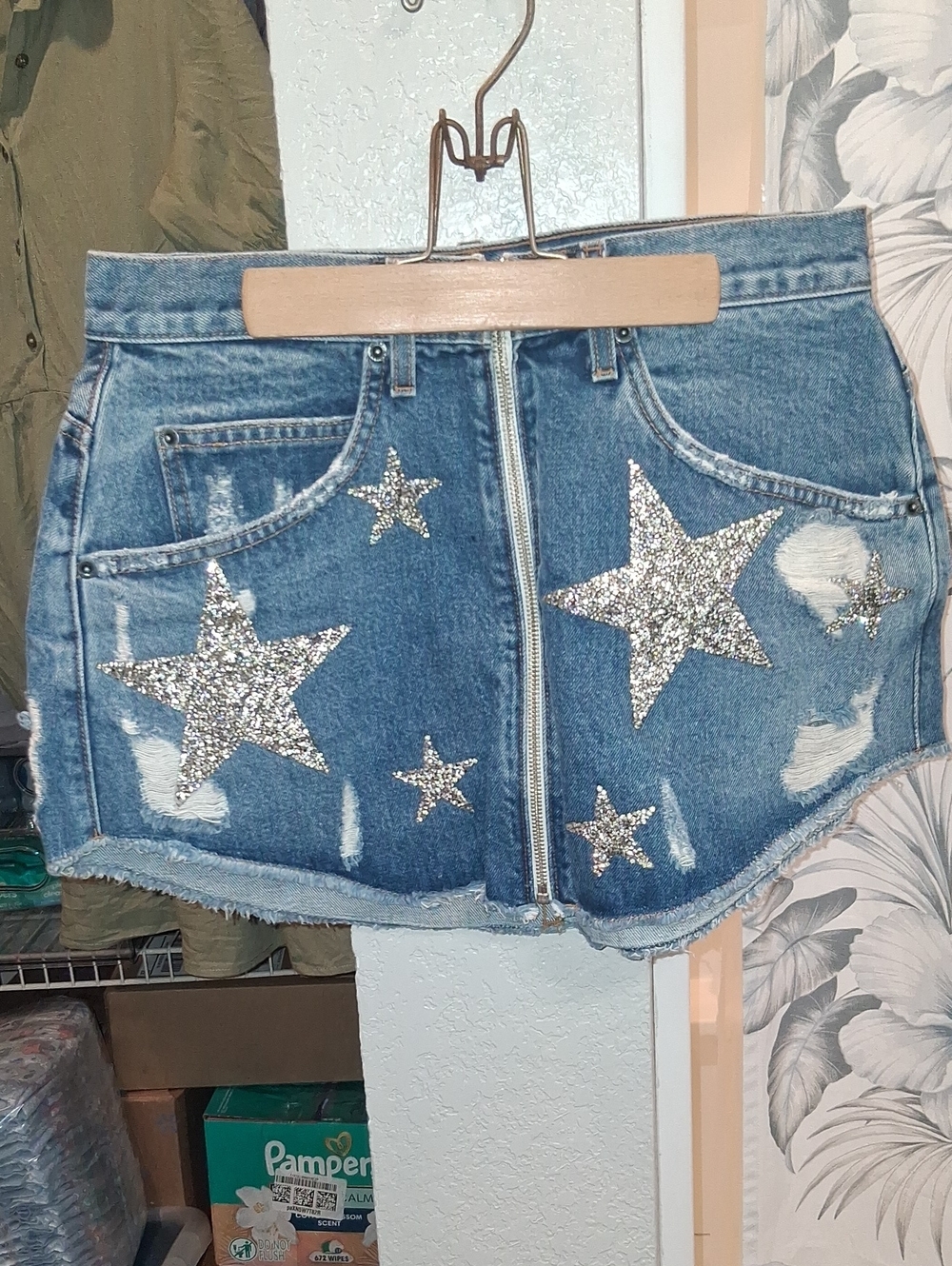 Denim Mini Skirt with Silver Glitter Stars